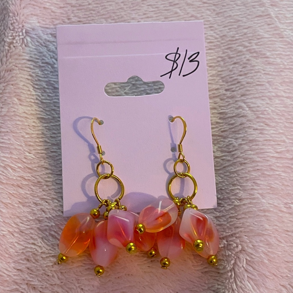 CUTE HANDMADE Orange and White Cluster Gold Earrings || Woman’s Jewelry